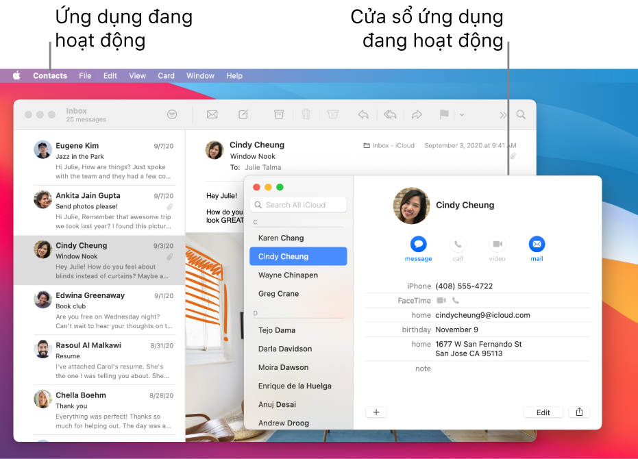 Ví dụ về màn hình nền có nhiều cửa sổ đang mở nhưng chỉ có một ứng dụng đang hoạt động.