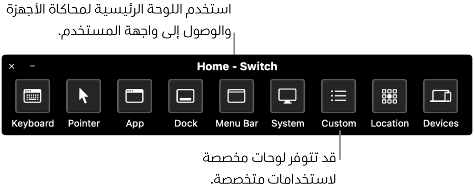 توفر اللوحة الرئيسية الخاصة بالتحكم بالتبديل أزرارًا للتحكم فيما يلي، من اليمين إلى اليسار: لوحة المفاتيح، المؤشر، التطبيق، Dock، شريط القائمة، عناصر التحكم في النظام، اللوحات المخصصة، موقع الشاشة، الأجهزة الأخرى.
