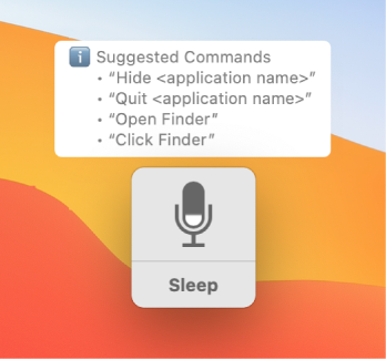 Das Feedback-Fenster für die Sprachsteuerung mit Vorschlägen für Befehle wie „Finder öffnen“ und „Klicke auf ,Finder’“.