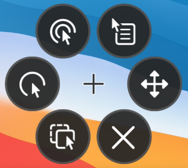 The circular Options menu whose buttons include, from the top right and moving clockwise, Right Click, Scroll Menu, Close, Drag and Drop, Left Click, and Double Click.