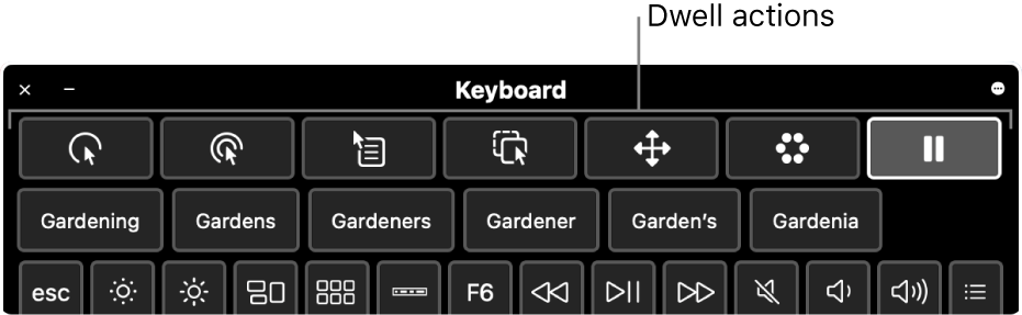 Dwell action buttons located across the top of the Accessibility Keyboard.