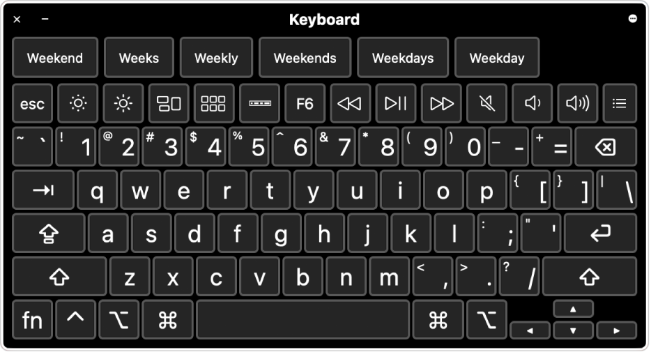 El teclado de accesibilidad con sugerencias de escritura en la parte superior. A continuación se muestra una fila de botones para que los controles del sistema realicen tareas tales como ajustar el brillo de la pantalla, mostrar la Touch Bar en pantalla y mostrar paneles personalizados.