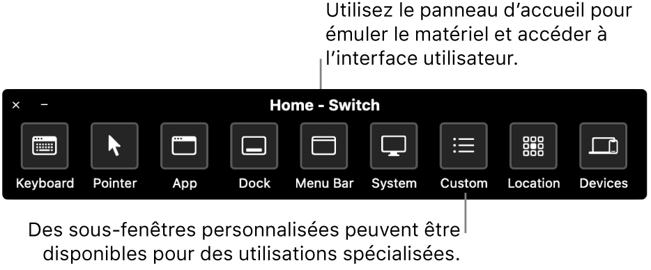 Le panneau d’accueil du Contrôle de sélection fournit des boutons pour contrôler, de gauche à droite, le clavier, le pointeur, l’app, le Dock, la barre des menus, les commandes système, les panneaux personnalisés, l’emplacement de l’écran et d’autres appareils.