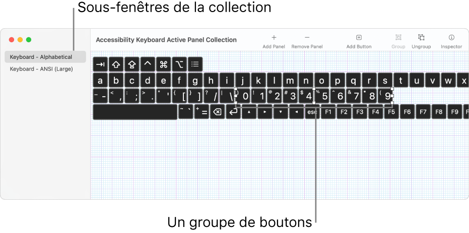 Une partie d’une fenêtre de collections de sous-fenêtres montrant une liste de sous-fenêtres de clavier à gauche, et à droite les boutons et les groupes contenus dans une sous-fenêtre.