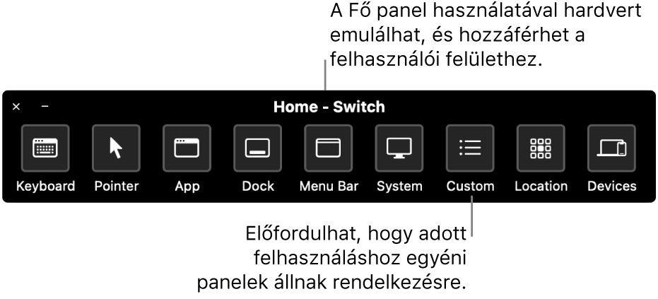 A Kapcsolóvezérlés Főoldal paneljén található gombok az alábbi elemek irányítását teszi lehetővé, balról jobbra: billentyűzet, mutató, alkalmazás, Dock, menüsor, rendszervezérlők, egyéni panelek, képernyő elhelyezkedés és egyéb eszközök.