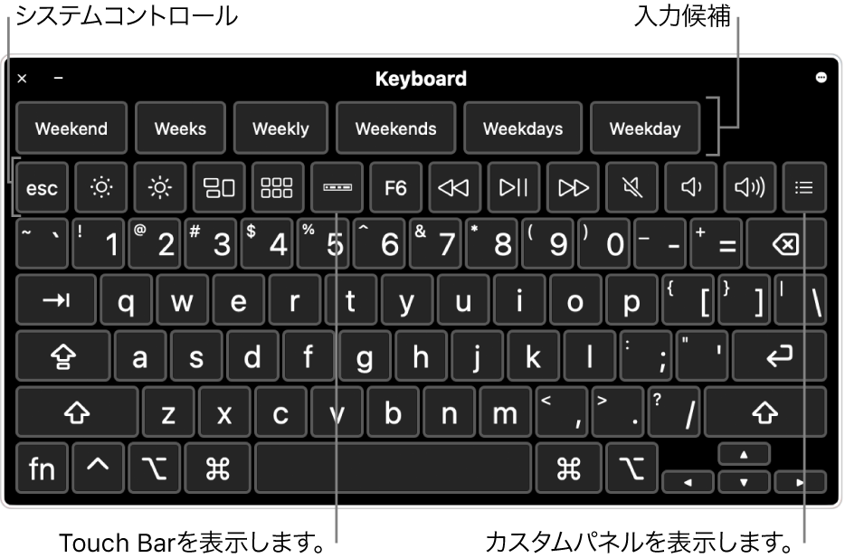 上部に入力候補が表示されているアクセシビリティキーボード。下には、ディスプレイの輝度調整、Touch Barの画面表示、カスタムパネルの表示などを実行するシステムコントロールのボタンが表示されています。
