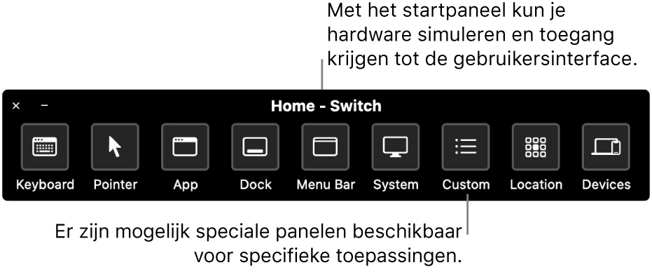 Het beginpaneel van Schakelbediening is uitgerust met knoppen waarmee je van links naar rechts het volgende regelt: toetsenbord, aanwijzer, app, Dock, menubalk, systeemregelaars, aangepaste panelen, schermlocatie en andere apparaten.