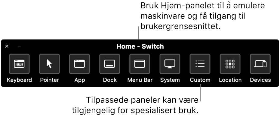 Hjem-panelet for Bryterkontroll inneholder knapper for å styre, fra venstre til høyre, tastatur, markør, program, Dock, menylinje, systemkontroller, tilpassede paneler, skjermplassering og andre enheter.