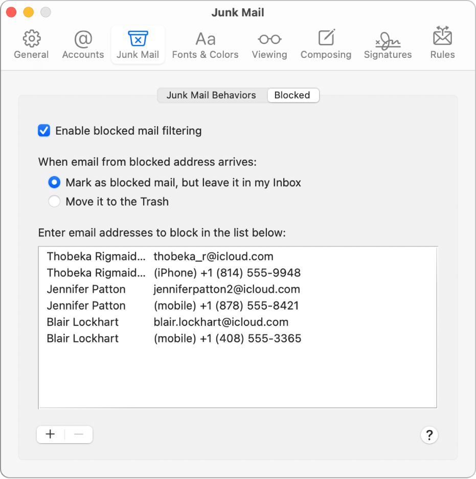 Der Bereich „Blockiert“ der Einstellungen mit einer Liste blockierter Absender. Das Markierungsfeld „Filter für blockierte E-Mail aktivieren“ und die Option „Als blockierte E-Mail markieren, aber im Posteingang belassen“ sind aktiviert.