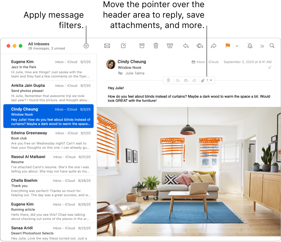 The Mail window. Drag the separator bar between the message list and the message preview to show more or less of messages. Move the pointer over the header area of a message to reveal buttons for replying, saving attachments, and more.