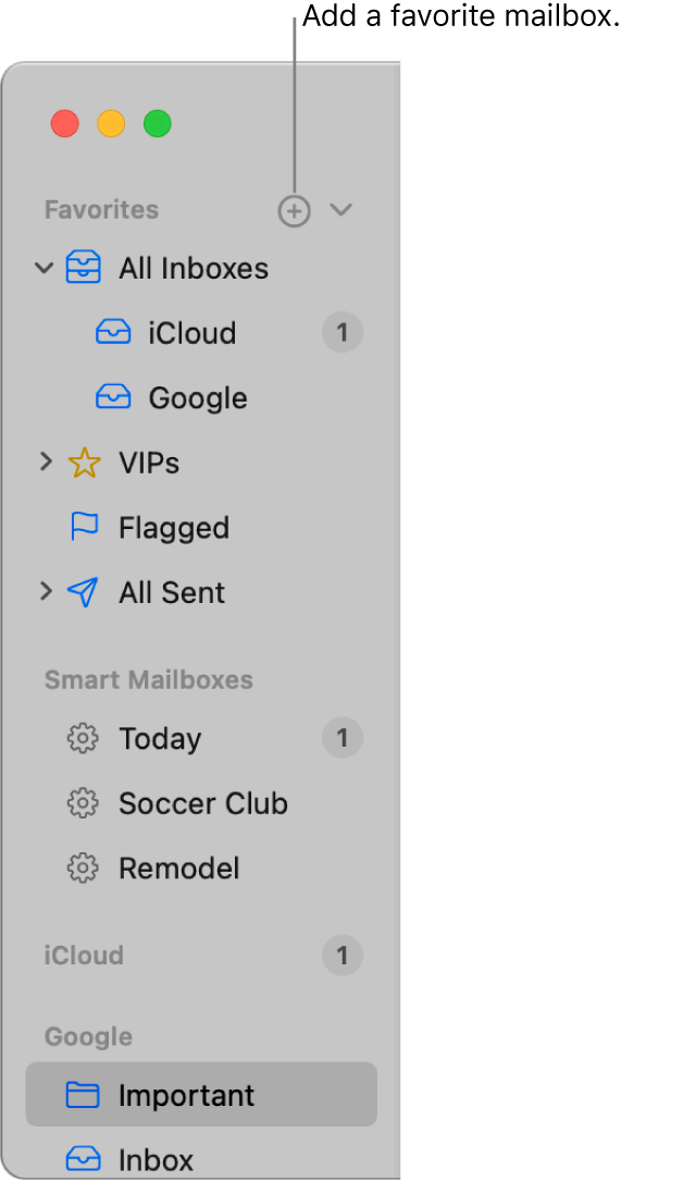 The Mail sidebar showing different accounts and mailboxes, and sections such as Favorites and Smart Mailboxes. At the top of the sidebar, click the button to the right of Favorites to add a mailbox to that section.
