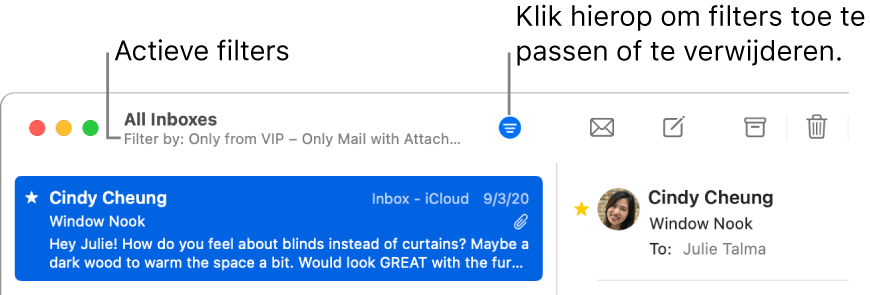 Het Mail-venster met boven de berichtenlijst de knoppenbalk waarin de toegepaste filters worden weergegeven, zoals 'Alleen van vip'.