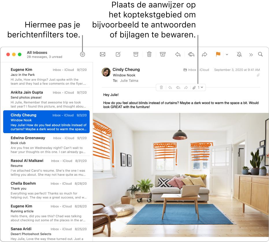 Het venster van Mail. Versleep de balk tussen de berichtenlijst en de voorvertoning van berichten om meer of minder berichten weer te geven. Houd de aanwijzer op het koptekstgebied van een bericht om knoppen te zien waarmee je het bericht kunt beantwoorden, de bijlagen kunt bewaren en verschillende andere taken kunt uitvoeren.
