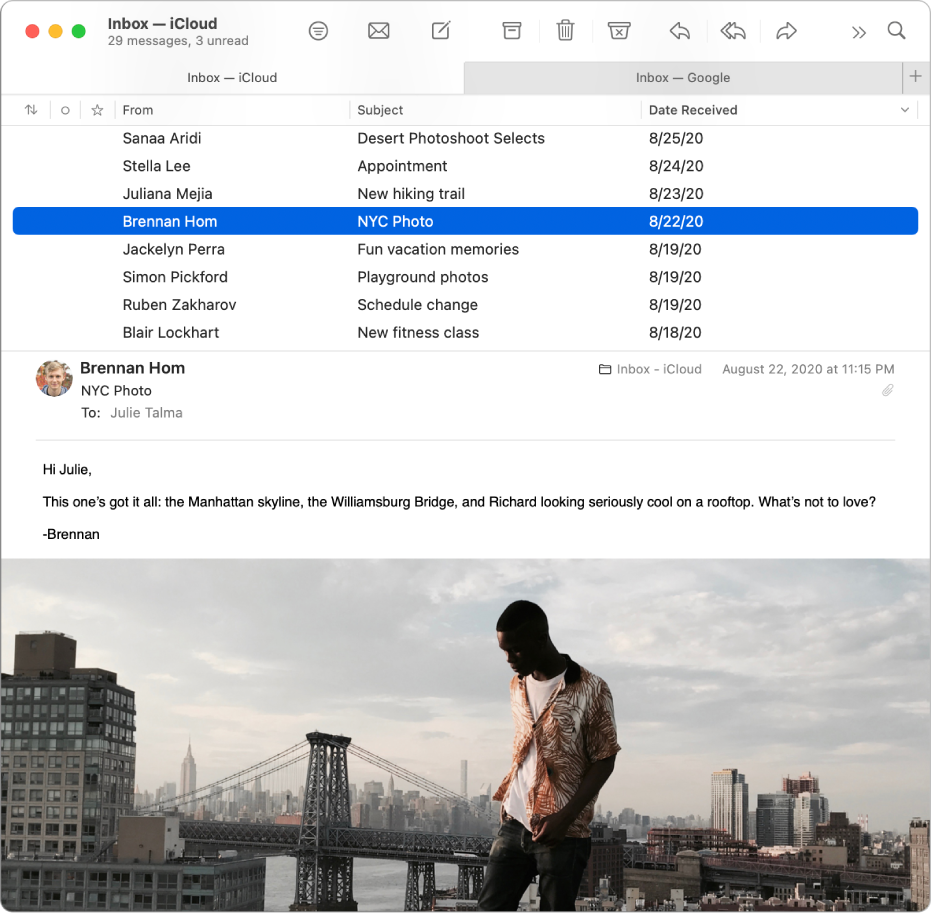 Janela do Mail mostrando a lista de mensagens no layout de colunas (com colunas como De, Assunto e Data de Recebimento) e a pré-visualização da mensagem abaixo da lista.