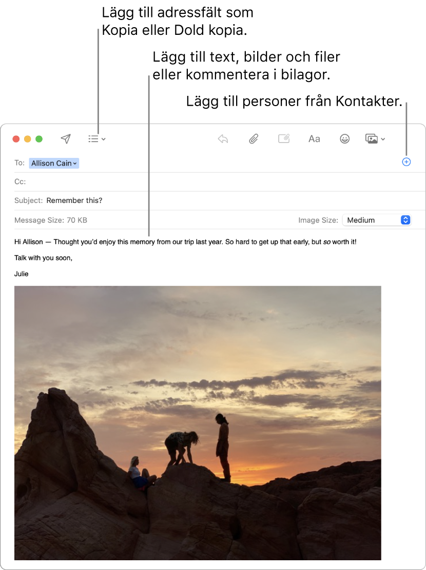 Ett nytt mejlfönster med markeringar av knappen brevhuvudfält, knappen lägg till i ett adressfält för att lägga in personer från Kontakter och en bild med märkningar i mejlkroppen.