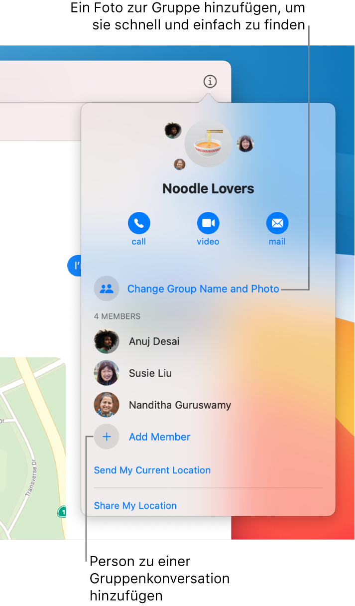 Darstellung „Details“; sie wird angezeigt, wenn du in einer Gruppenkonversation auf die Taste „Details“ klickst. Unter dem letzten Teilnehmer in der Liste wird „Mitglied hinzufügen“ angezeigt. Du kannst den Gruppennamen und das Foto über den Namen der Teilnehmer ändern.