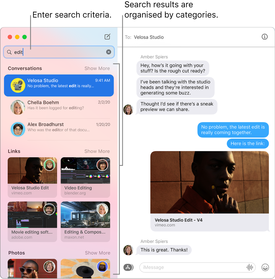 The Messages window with search criteria entered in the search field in the top-left corner. Search results are organized below that by categories such as Conversations, Links and Photos.