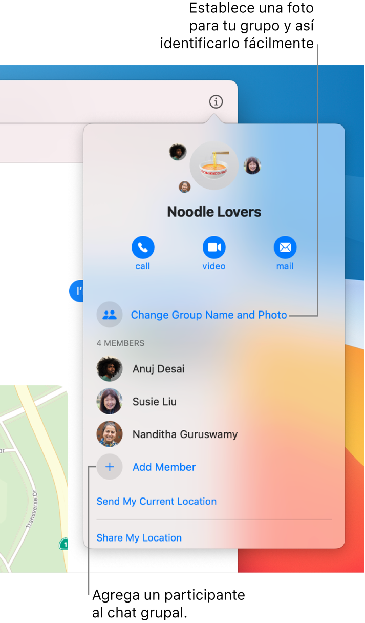 Vista de Detalles, que aparece después de hacer clic en el botón Detalles en una conversación grupal. La opción “Agregar miembro” se muestra debajo del nombre del último participante de la lista. Puedes cambiar el nombre del grupo y la foto que está arriba de los nombres de los participantes.