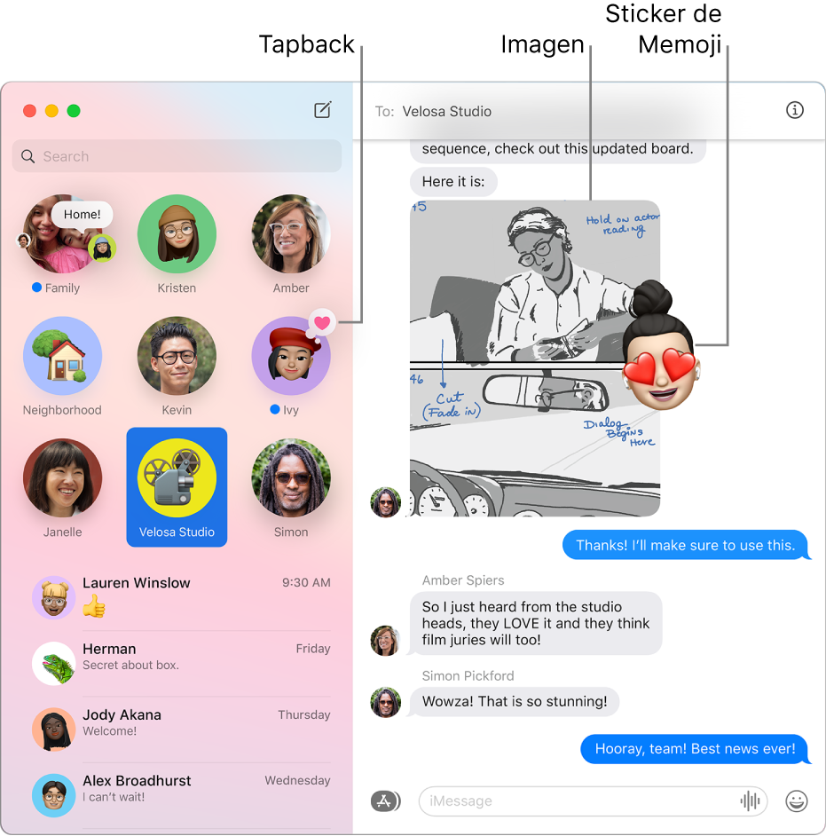 La ventana de Mensajes con varias conversaciones enumeradas en la barra lateral a la izquierda una y una conversación a la derecha. Algunos elementos están resaltados: un Tapback arriba de una conversación destacada en la izquierda y una imagen y un sticker de Memoji en la conversación de la derecha.