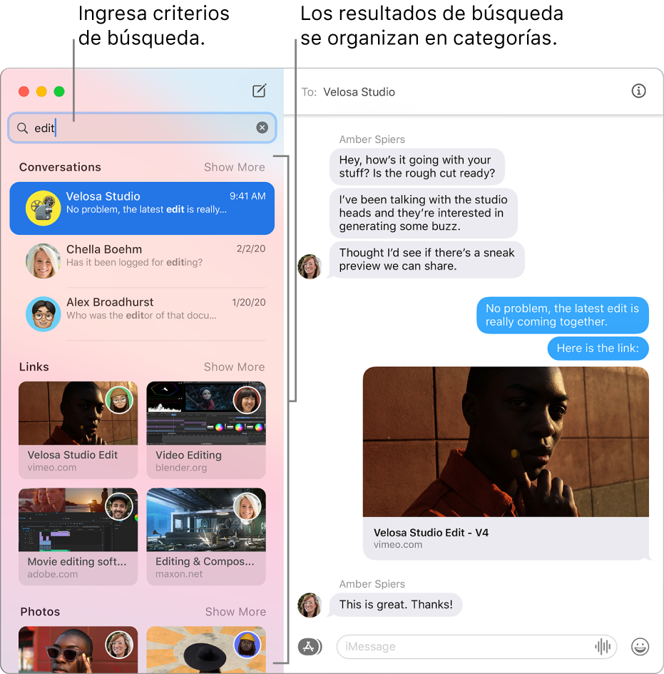 La ventana de Mensajes con el criterio de búsqueda en el campo de búsqueda en la esquina superior izquierda. Los resultados de búsqueda se organizan debajo en categorías como Conversaciones, Enlaces y Fotos.