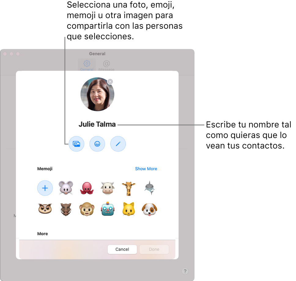 Al configurar “Compartir tu nombre y foto”, puedes seleccionar una foto, emoji, Memoji u otra imagen para compartirla con las personas que elijas; además, introduce el nombre tal y como quieras que lo vean tus contactos.