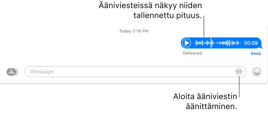 Viestit-ikkunassa oleva keskustelu, jossa näkyy Äänitä-painike tekstikentän vieressä ikkunan alaosassa. Näytössä näkyy ääniviesti ja sen tallennettu pituus.