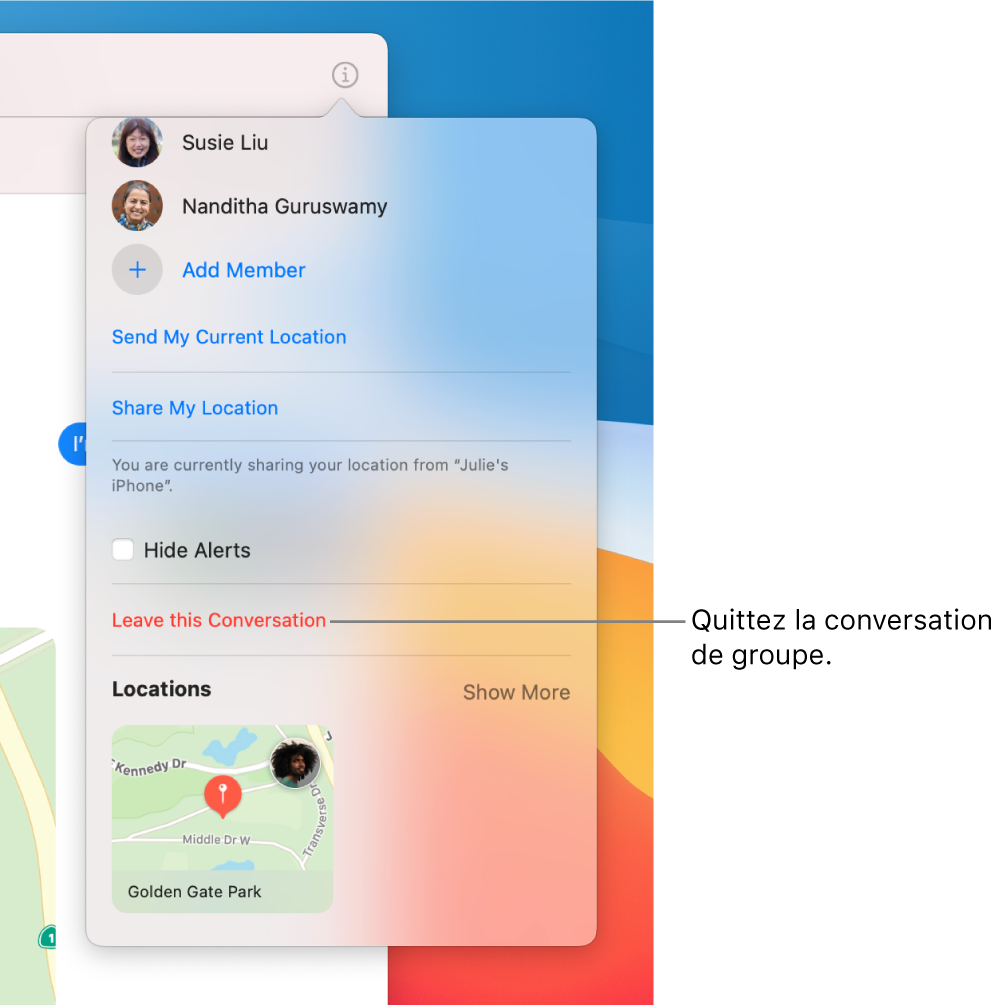 Vue détaillée s’affichant après avoir cliqué sur le bouton Détails dans une conversation de groupe. « Quitter cette conversation » se trouve vers le bas de la zone de dialogue.