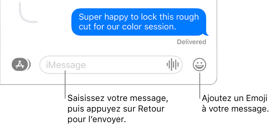 Une conversation dans la fenêtre Messages avec la zone de texte affichée au bas de la fenêtre.