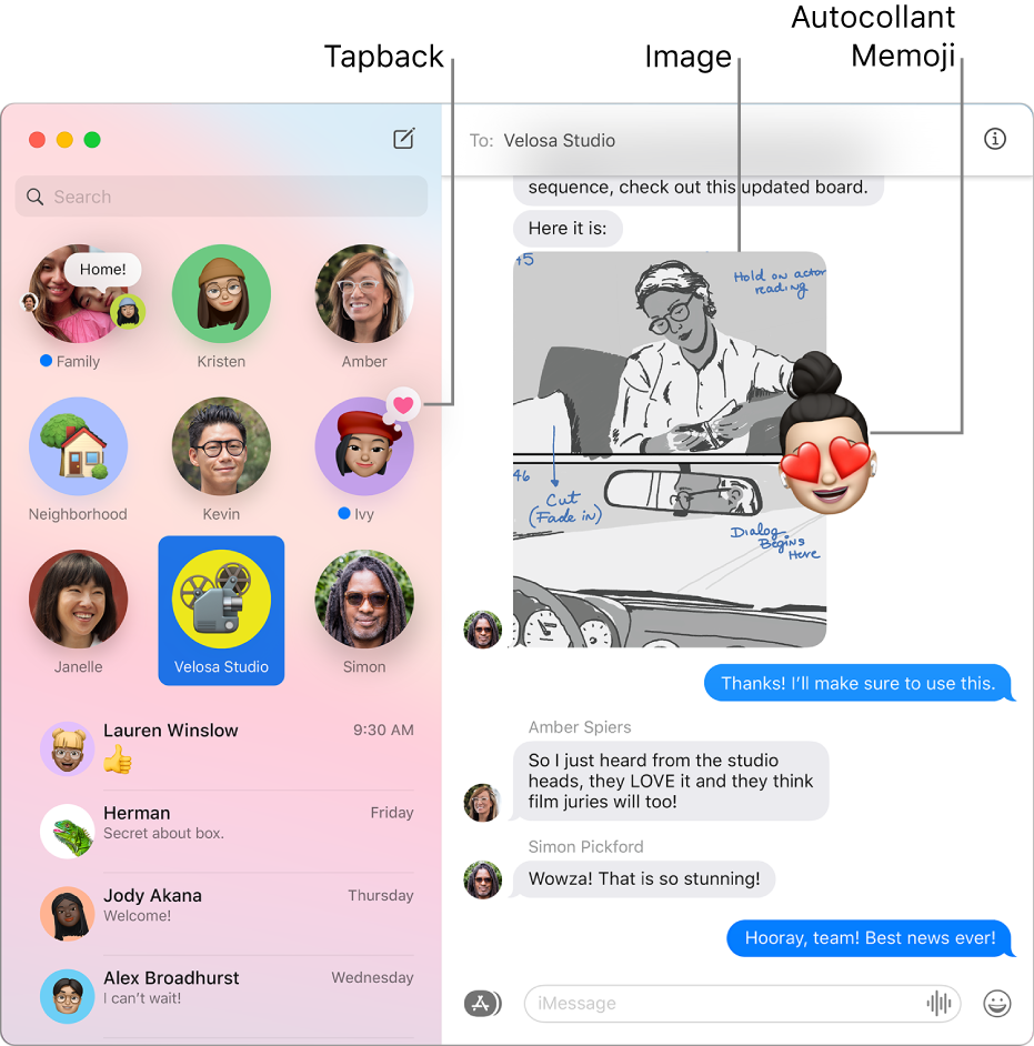 La fenêtre Messages avec plusieurs conversations dans la barre latérale de gauche, ainsi qu’une conversation ouverte sur la droite. Quelques éléments sont mis en évidence : un Tapback au-dessus d’une conversation épinglée à gauche, ainsi qu’une image et un autocollant Memoji dans la conversation à droite.