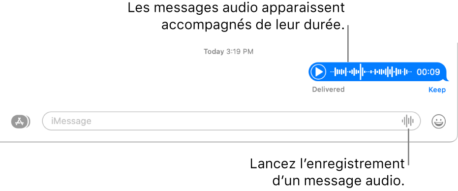 Une conversation dans la fenêtre Messages avec le bouton « Enregistrer l’audio » en regard de la zone de texte au bas de la fenêtre. Un message audio s’affiche avec sa durée dans la conversation.