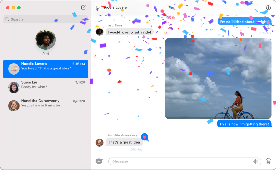 La fenêtre Messages avec plusieurs conversations dans la barre latérale de gauche, ainsi qu’une conversation ouverte sur la droite. La conversation comprend des effets de message avec des confettis, une photo et un Tapback sur le dernier message.