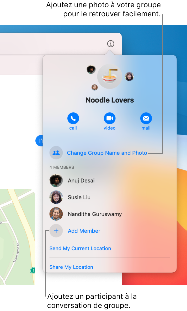 Vue détaillée s’affichant après avoir cliqué sur le bouton Détails dans une conversation de groupe. « Ajouter un membre » apparaît en dessous du nom du dernier participant dans la liste. Vous pouvez modifier le nom et la photo du groupe juste au-dessus des noms des participants.