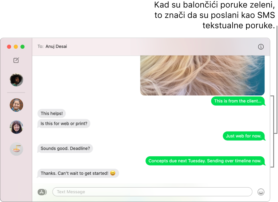 Prozor Poruke s popisom nekoliko razgovora u rubnom stupcu s lijeve strane i prikazom razgovora s desne. Mjehurići poruka su zeleni, što znači da su poslani kao SMS tekstualne poruke.
