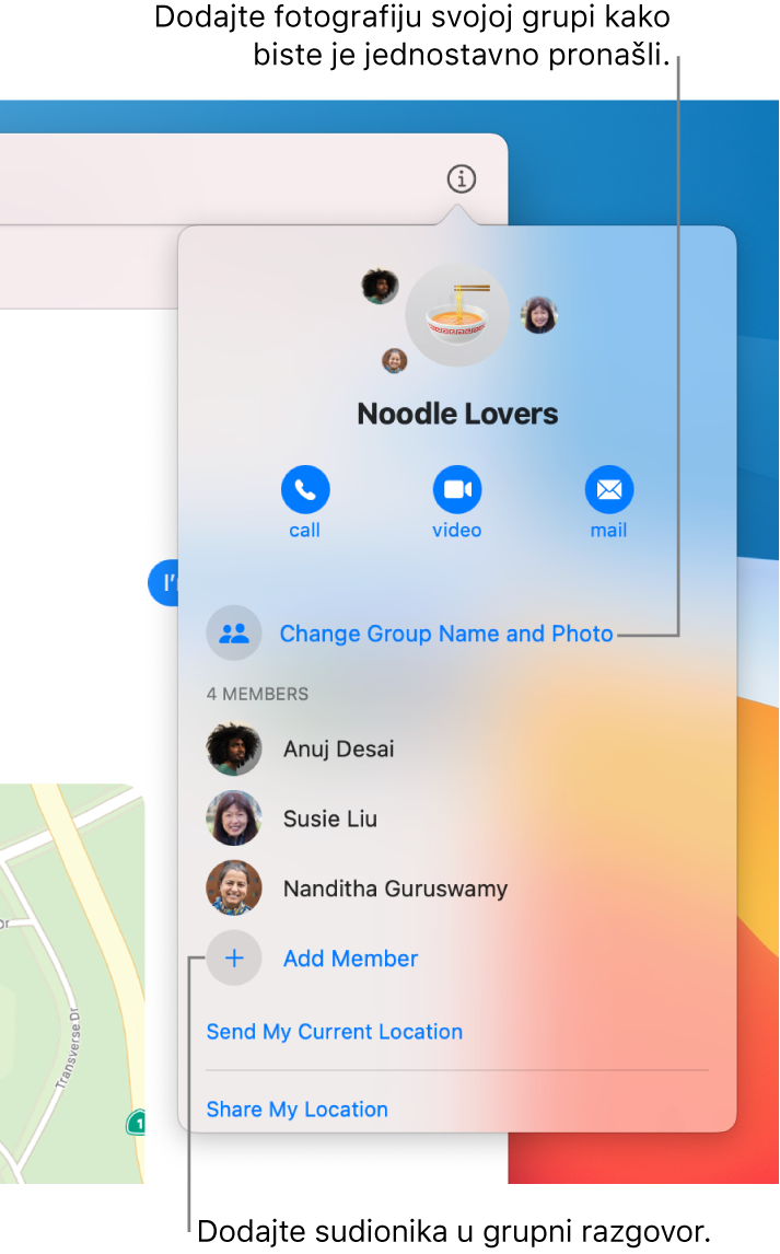 Prikaz Detalji, koji se pojavljuje nakon što kliknete tipku Detalji u grupnom razgovoru. Dodaj članove pojavljuje se ispod imena posljednjeg sudionika na popisu. Možete promijeniti naziv i fotografiju grupe odmah iznad imena sudionika.