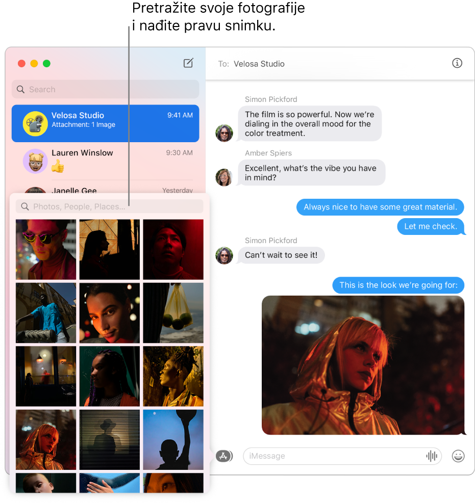 Prozor Poruke s popisom nekoliko razgovora u rubnom stupcu s lijeve strane, poljem za pretraživanje fotografija i prikazom razgovora s desne.