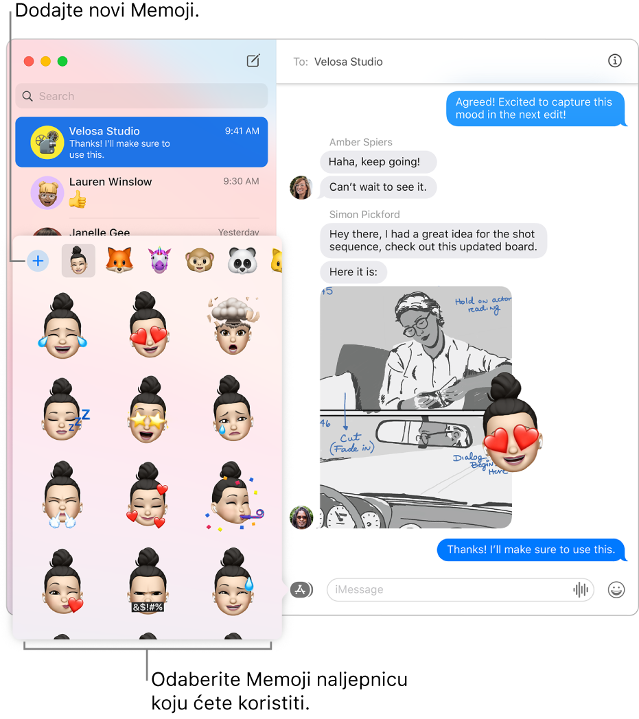 Prozor Poruke s popisom nekoliko razgovora u rubnom stupcu s lijeve strane i prikazom razgovora s desne. Prilikom odabira Memoji naljepnica putem tipke Aplikacije, možete odabrati Memoji naljepnicu za uporabu ili izradu novog Memojija.