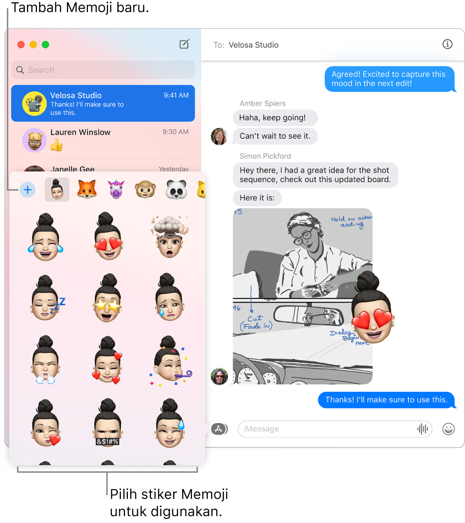 Jendela Pesan dengan beberapa percakapan tercantum di bar samping di kiri, dan percakapan ditampilkan di kanan. Saat memilih Stiker Memoji dari tombol App, Anda dapat memilih stiker Memoji untuk digunakan atau membuat Memoji baru.