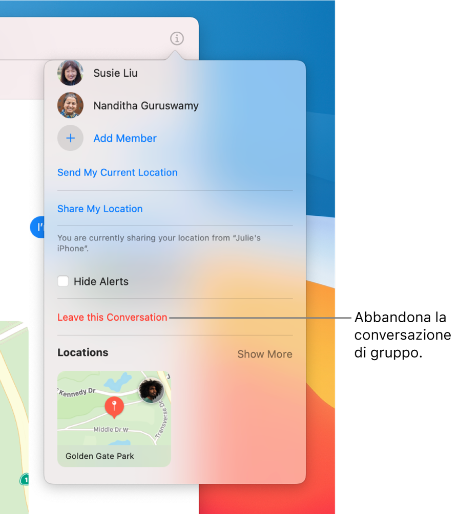 Vista Dettagli, che appare quando fai clic sul pulsante Dettagli in una conversazione di gruppo. “Lascia questa conversazione” si trova in fondo alla finestra di dialogo.