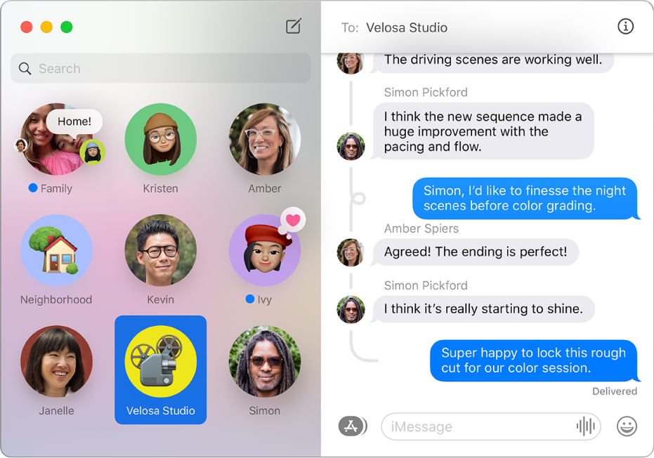Messaggi con svariate conversazioni in evidenza sul lato sinistro della finestra.