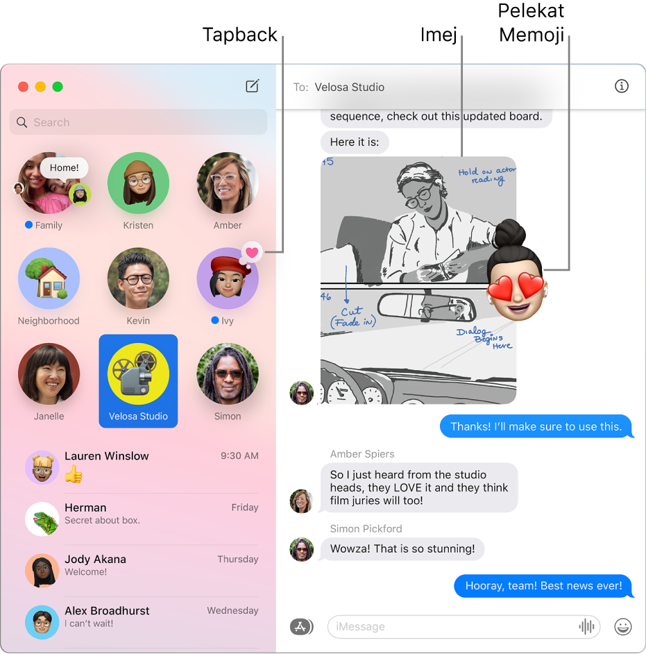Tetingkap Mesej dengan beberapa perbualan disenaraikan dalam bar sisi di sebelah kiri dan perbualan ditunjukkan di sebelah kanan. Beberapa item diserlahkan: Tapback di atas perbualan dipinkan di sebelah kiri dan imej serta pelekat Memoji dalam perbualan di sebelah kanan.
