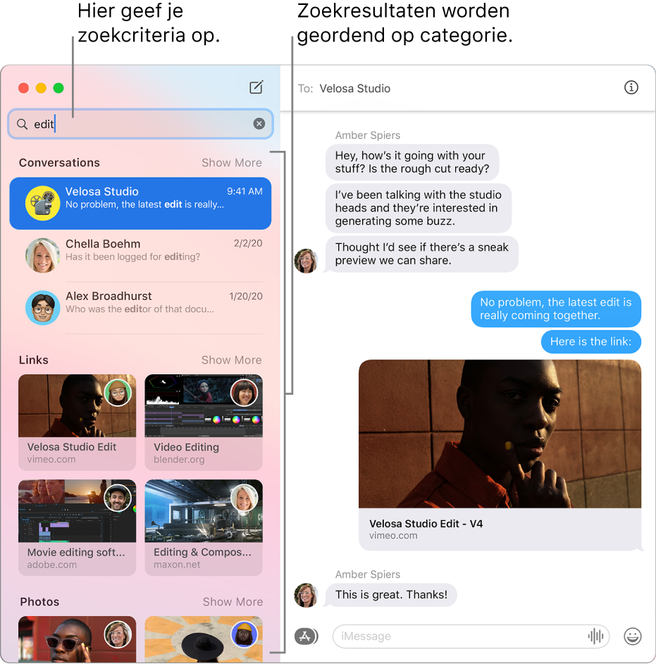 Het Berichten-scherm met zoekcriteria die in het zoekveld linksbovenin zijn ingevoerd. Daaronder zijn de zoekresultaten geordend op categorie, zoals 'Gesprekken', 'Links' en 'Foto's'.