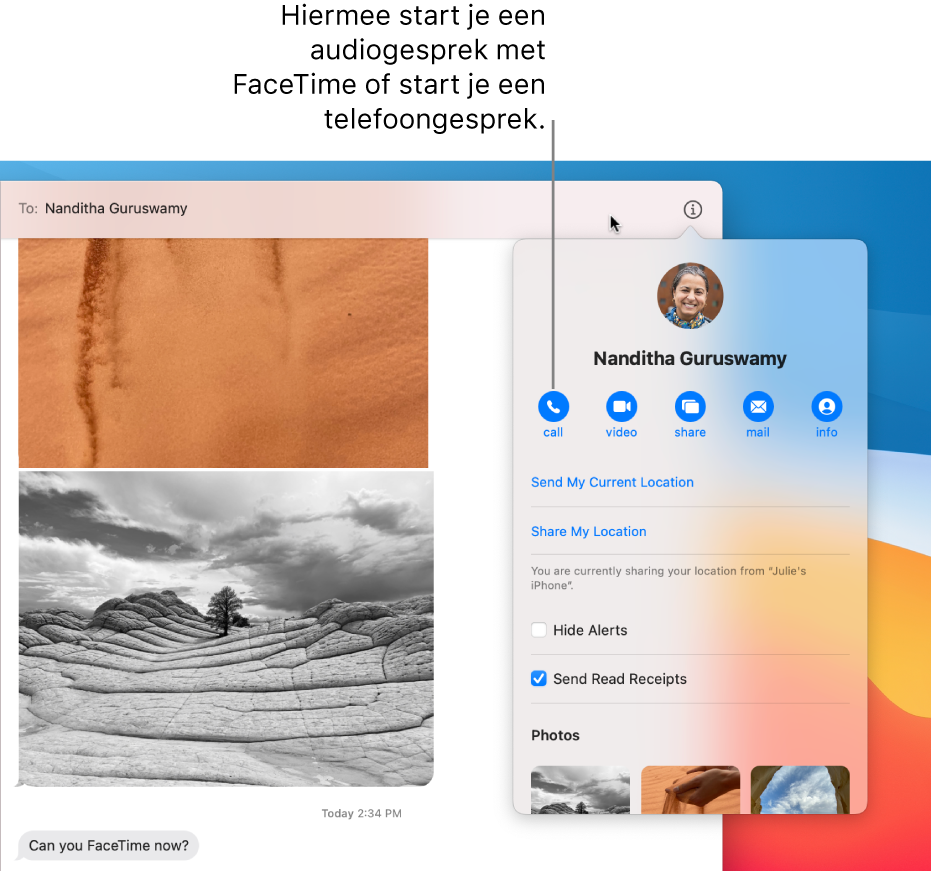 Detailweergave, die verschijnt nadat je in een gesprek op de knop 'Details' hebt geklikt. Gebruik de belknop aan de linkerkant om een audiogesprek via FaceTime of een telefoongesprek te starten.