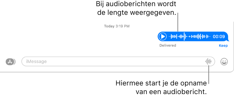 Een gesprek in het Berichten-venster, met de knop 'Neem audio op' naast het tekstveld onder in het venster. Wanneer in een gesprek een audiobericht is opgenomen, wordt daarbij de duur van de opname vermeld.