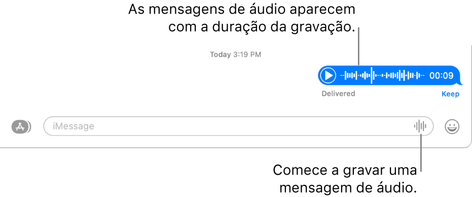 Uma conversa na janela do Mensagens, com o botão Gravar Áudio ao lado do campo de texto na parte inferior da janela. Uma mensagem de áudio aparece com a duração da sua gravação na conversa.