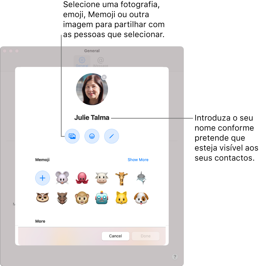 Ao configurar “Partilhar nome e fotografia”, pode selecionar uma fotografia, emoji, Memoji ou outra imagem para partilhar com as pessoas que selecionar; adicionalmente, introduza o nome que pretende que esteja visível aos contactos.