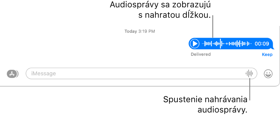 Konverzácia v okne Správy zobrazujúca tlačidlo Nahrať audio vedľa textového poľa v dolnej časti okna. V konverzácii sa zobrazí audiospráva spolu s jej nahranou dĺžkou.