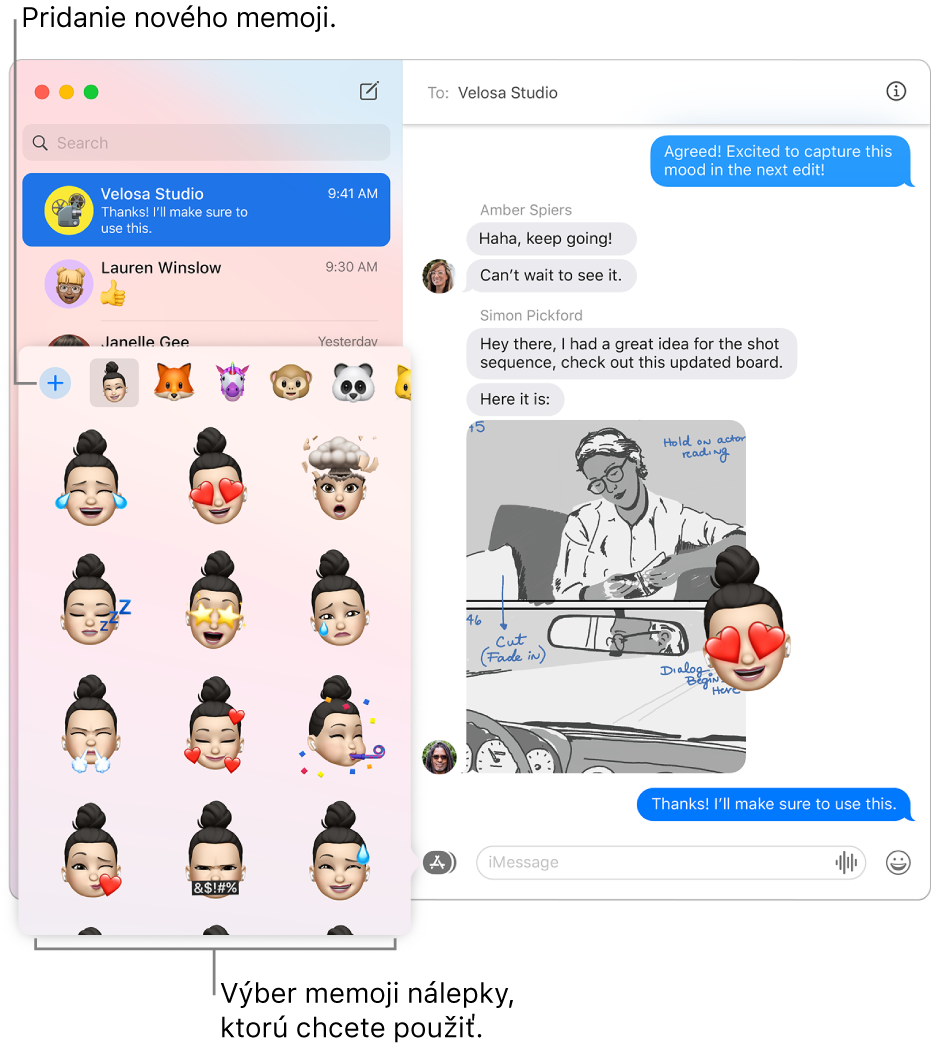 Okno Správy so zoznamom konverzácií na postrannom paneli vľavo a jednou otvorenou konverzáciou zobrazenou vpravo. Po výbere položky Memoji nálepky v tlačidle Apky si môžete vybrať memoji nálepku, ktorú chcete použiť, alebo vytvoriť nové memoji.