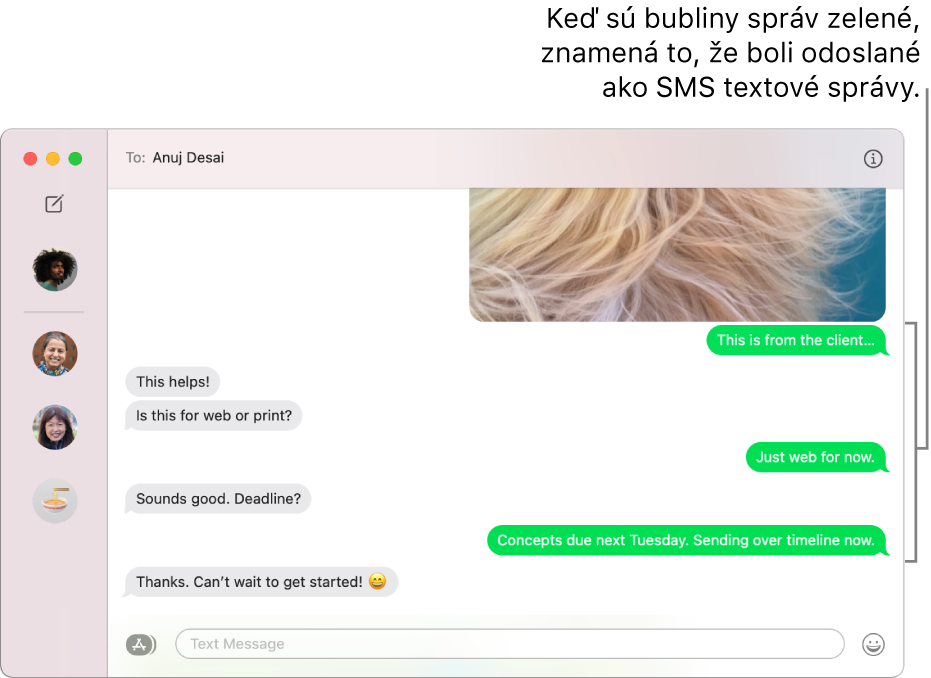 Okno Správy so zoznamom konverzácií na postrannom paneli vľavo a jednou otvorenou konverzáciou zobrazenou vpravo. Bubliny správ sú zelené, čo označuje, že boli odoslané ako textové SMS správy.