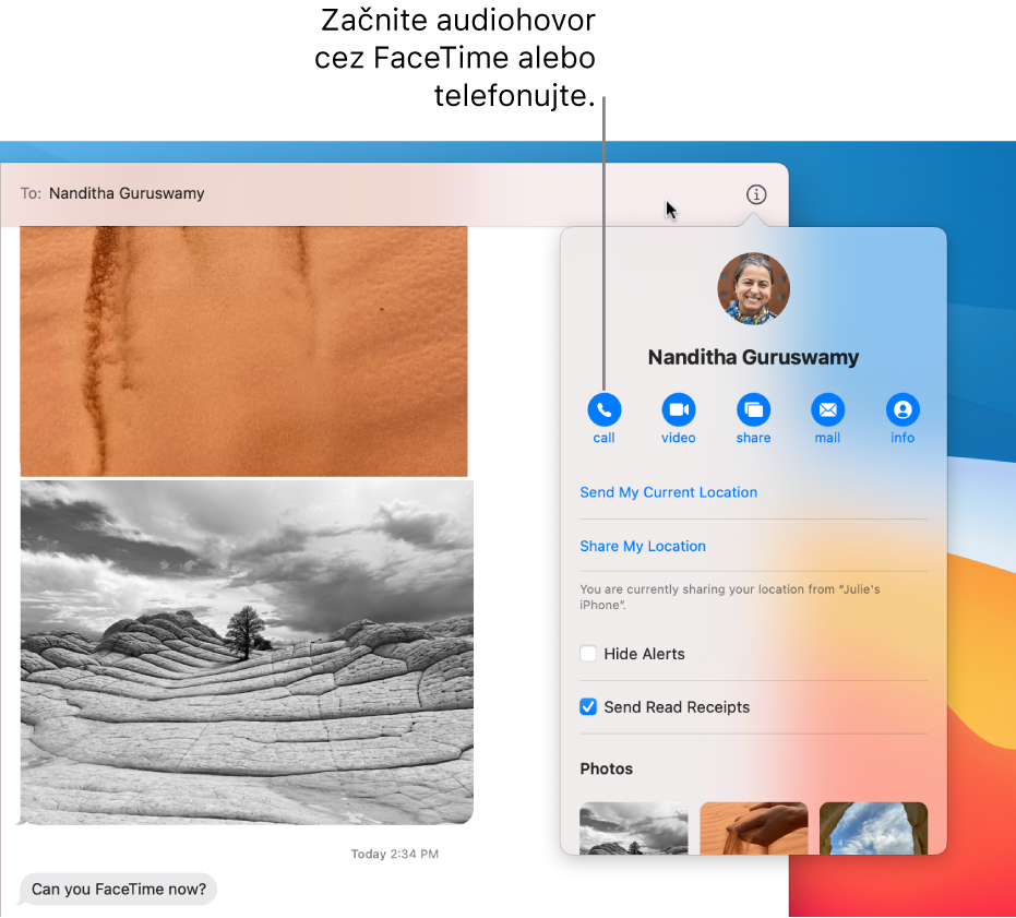 Zobrazenie Detaily, ktoré sa objaví po kliknutí na tlačidlo Detaily v konverzácii. Stlačením tlačidla hovoru vľavo začnete audiohovor cez FaceTime alebo telefónny hovor.