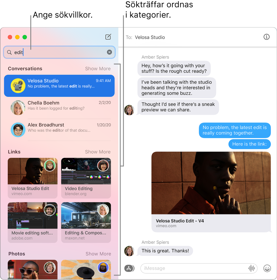 Fönstret Meddelanden med sökvillkor i sökfältet uppe till vänster. Sökträffarna är ordnade i kategorier som Konversationer, Länkar och Bilder nedanför.